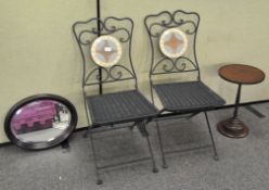 A pair of metal folding garden chair together with a mahogany oval mirror and a small occasional