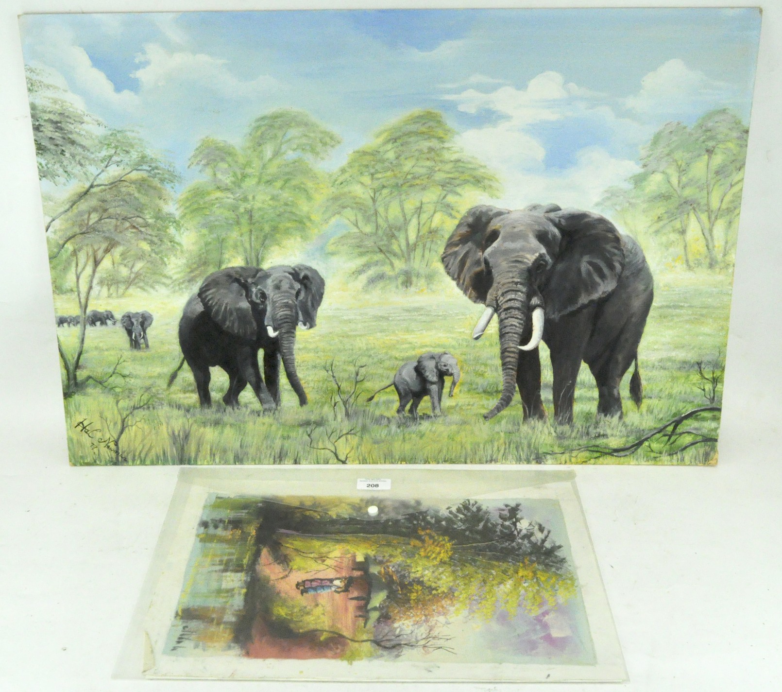Hal Newman, a signed and dated painting depicting a herd of Elephants, 76cm x 51cm,