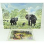 Hal Newman, a signed and dated painting depicting a herd of Elephants, 76cm x 51cm,