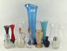 Assorted glassware, including cruet bottles, cased glass, casters and vases,