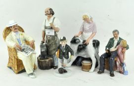 Five Royal Doulton figures, including: 'The Blacksmith', 'Off to School' and 'Grandad's Story'