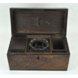 A George III mahogany tea caddy with later glass mixing bowl and fitted hinged caddy-box,