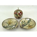 Two Indian cloisonne style dishes and an apple shaped box and cover,