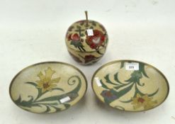 Two Indian cloisonne style dishes and an apple shaped box and cover,