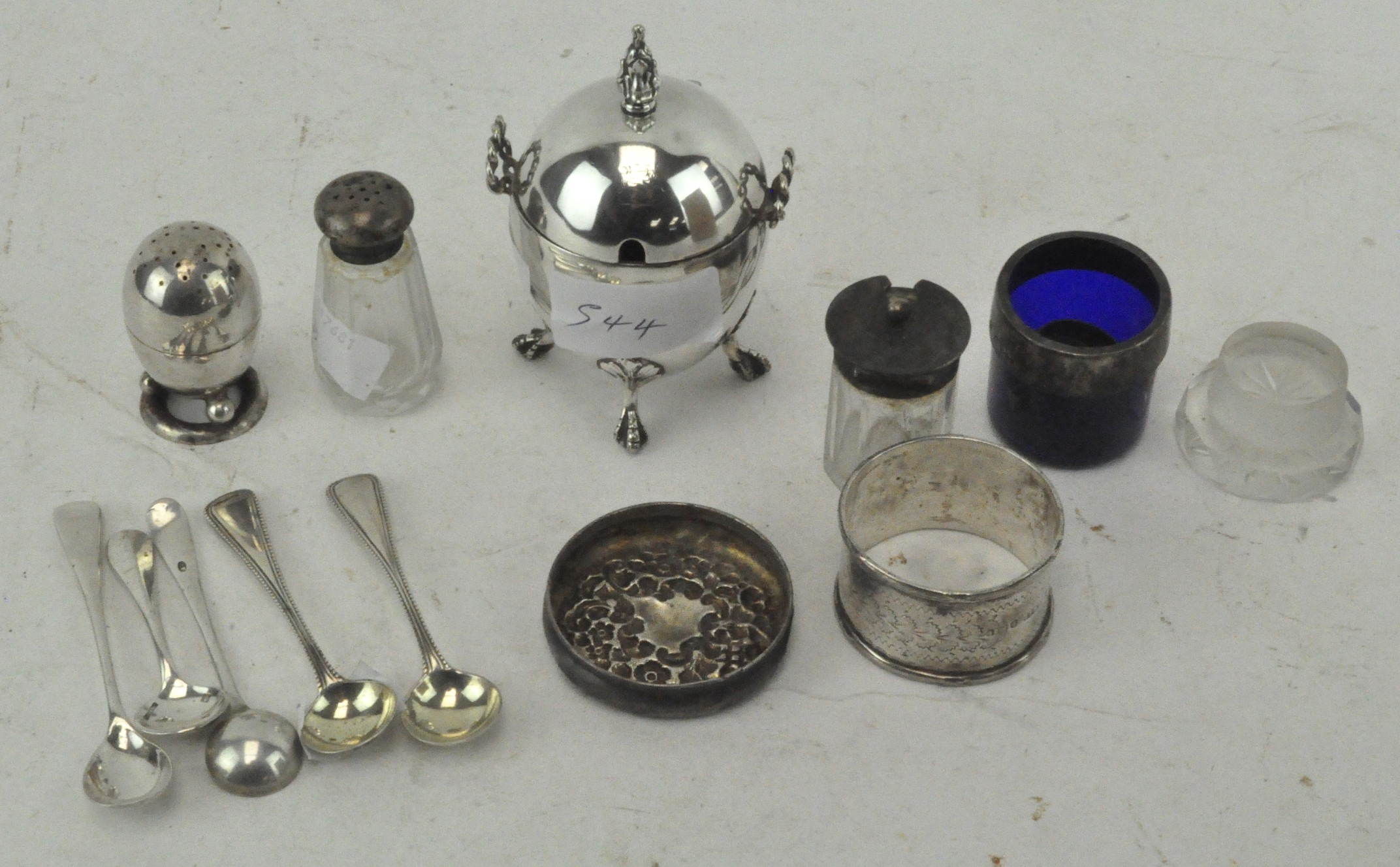 A selection of silver and silver plated wares, to include numerous mustard spoons,