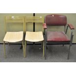 A pair of Ness stacking chairs, painted metal back with wooden seat,