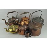 A collection of various brass and copper tea pots,