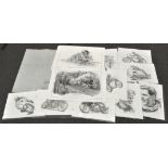 A folder containing various limited edition prints of motorcyclists by 'CB Prints' and four signed