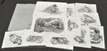 A folder containing various limited edition prints of motorcyclists by 'CB Prints' and four signed