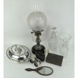 A large collection of assorted items, including a Duplex Hinkss no 2 oil lamp,