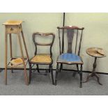 Two late 19th century/early 20th century chairs together with a Liberty-style oak jardiniere stand