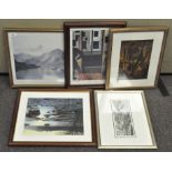 A group of five prints, all framed and glazed,