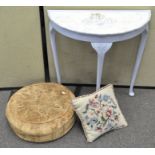 A demi-lune side table, white and blue painted with "Joie de Vivre" writted to top, 73cm high,