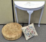 A demi-lune side table, white and blue painted with "Joie de Vivre" writted to top, 73cm high,