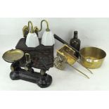 A collection of brassware and other items, including: a skillet, a model of a cart,