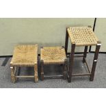Three wooden and rush stools in sizes, 20th century,