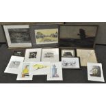 A collection of pictures and prints, mainly framed, including a watercolour of a hunt,