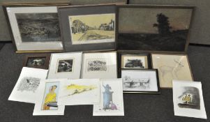 A collection of pictures and prints, mainly framed, including a watercolour of a hunt,