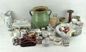 A quantity of ceramics and glass, including; a large green-glazed earthenware two-handled vase,
