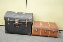 A leather and canvas domed steamer trunk, 77cm wide,
