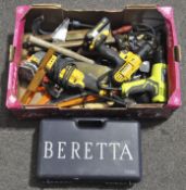 Assorted tools, to include a Dewalt 18c drill, a Ryobi heat gun,