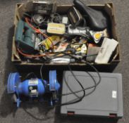 An assortment of tools, to include a 150w silver kine bench grinder,