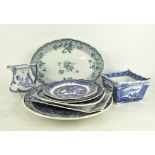 A small collection of transfer printed wares, blue & white and green & white, including Cauldon,