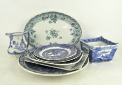 A small collection of transfer printed wares, blue & white and green & white, including Cauldon,