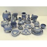 A collection of Wedgwood blue jasperware, to include lidded pots,