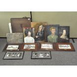 A group of pictures to include coaching prints and art school sketches and oils