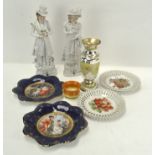 A collection of assorted ceramics, including two German figures,