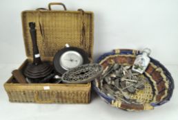 Assorted collectables, to include a barometer, turned wooden table lamp,