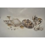 A selection of silver plated wares, to include tray, lidded muffin dish,
