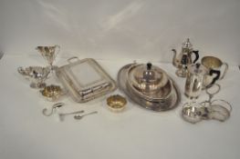 A selection of silver plated wares, to include tray, lidded muffin dish,