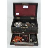 Two boxes of costume jewellery including coral necklace, Scottish hardstone brooches, combs,