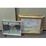 Two oil paintings by L D Redfarn, one depicting a portside scene with fishing boats,