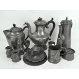 A large collection of assorted pewter, to include a chamber stick, tea pots,