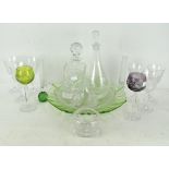 A collection of glassware including vases, decanter,