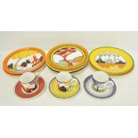 A selection of modern Clarice Cliff style plates and coffee cans by Wedgwood,