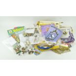 A large collection of World Wide Lions Club badges, flags,