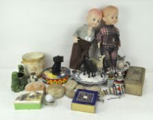 Assorted items, including figures of cats,