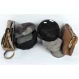 A group of handbags and hats,