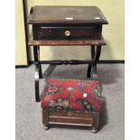 A sewing box and a footstool, the box on lyre shaped supports,