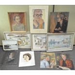 A group of pictures, including portraits in oil on board,