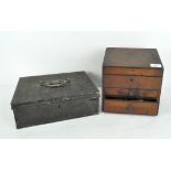 A metal strong box and a small chest of tools, the metal box applied with a plaque inscribed Temple,