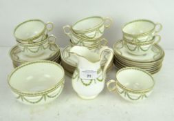 A Crescent China 'Geen Husk' pattern part tea service, circa 1910, printed purple and green marks,