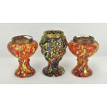 Three 1930's Welz colourful art spatter glass posy vases,