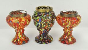 Three 1930's Welz colourful art spatter glass posy vases,