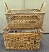 A large wicker hamper; together with a wicker basket,