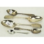 Two silver table spoons, London 1893, Exeter 1862, and three smaller spoons,
